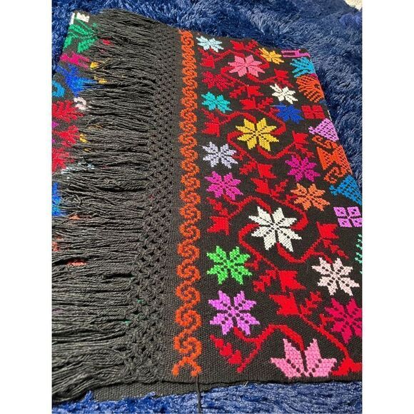 Camelia Mexican Shawl Colorful Embroidery Art Black Floral Peacock Design - Picture 3 of 7